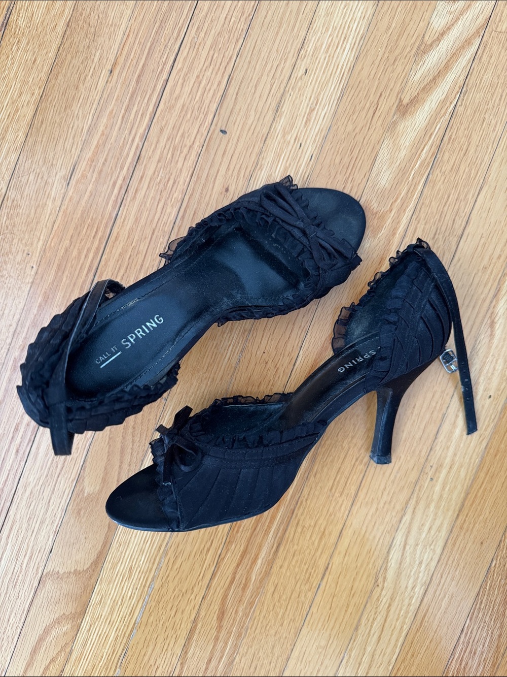 Call It Spring Black Ruffle Peep-Toe Ankle-Strap Heels